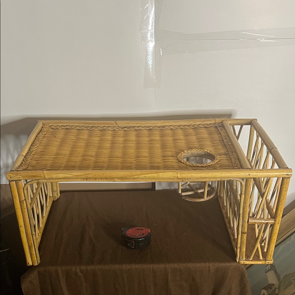 😄Vintage rattan lap tray breakfast table boho woven wicker